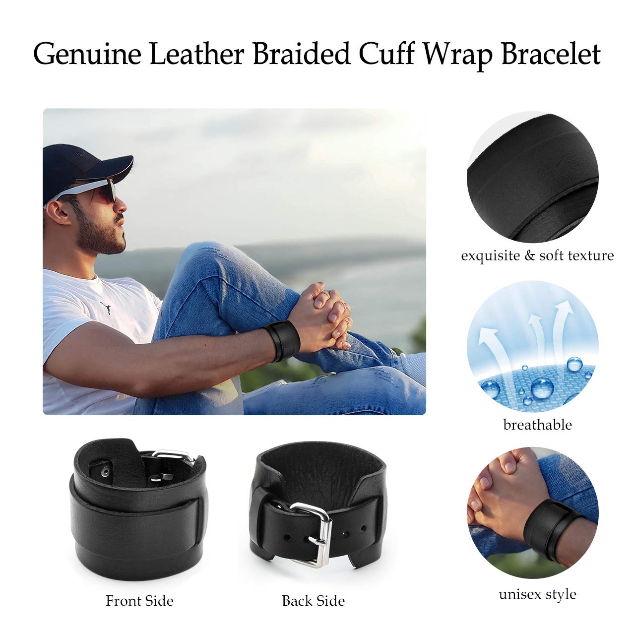 Jovivi Punk Men Women Black Brown Wide Genuine Leather Wrap Cuff Bangle Bracelet Belts Wistband, Adjustable 7.2"-9"