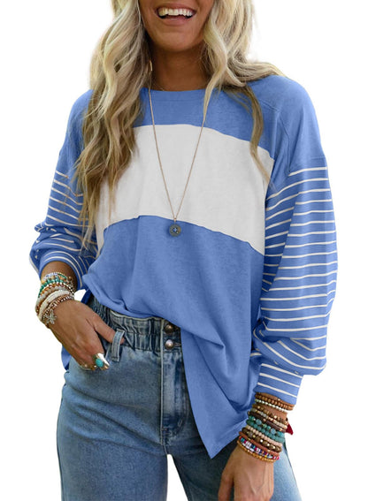 Dokotoo Long Sleeve Tops Oversized 2025 Trendy Round Crew Neck Casual Color Block Womens Shirts Blouses