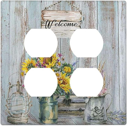 Decorative Light Switch Cover Plate Country Flower Vintage Wood Board Sunflower Butterfly 2 Gang Socket Covers Double Duplex Wallplates Switch Plates and Outlet Covers for Bathroom Home Decor