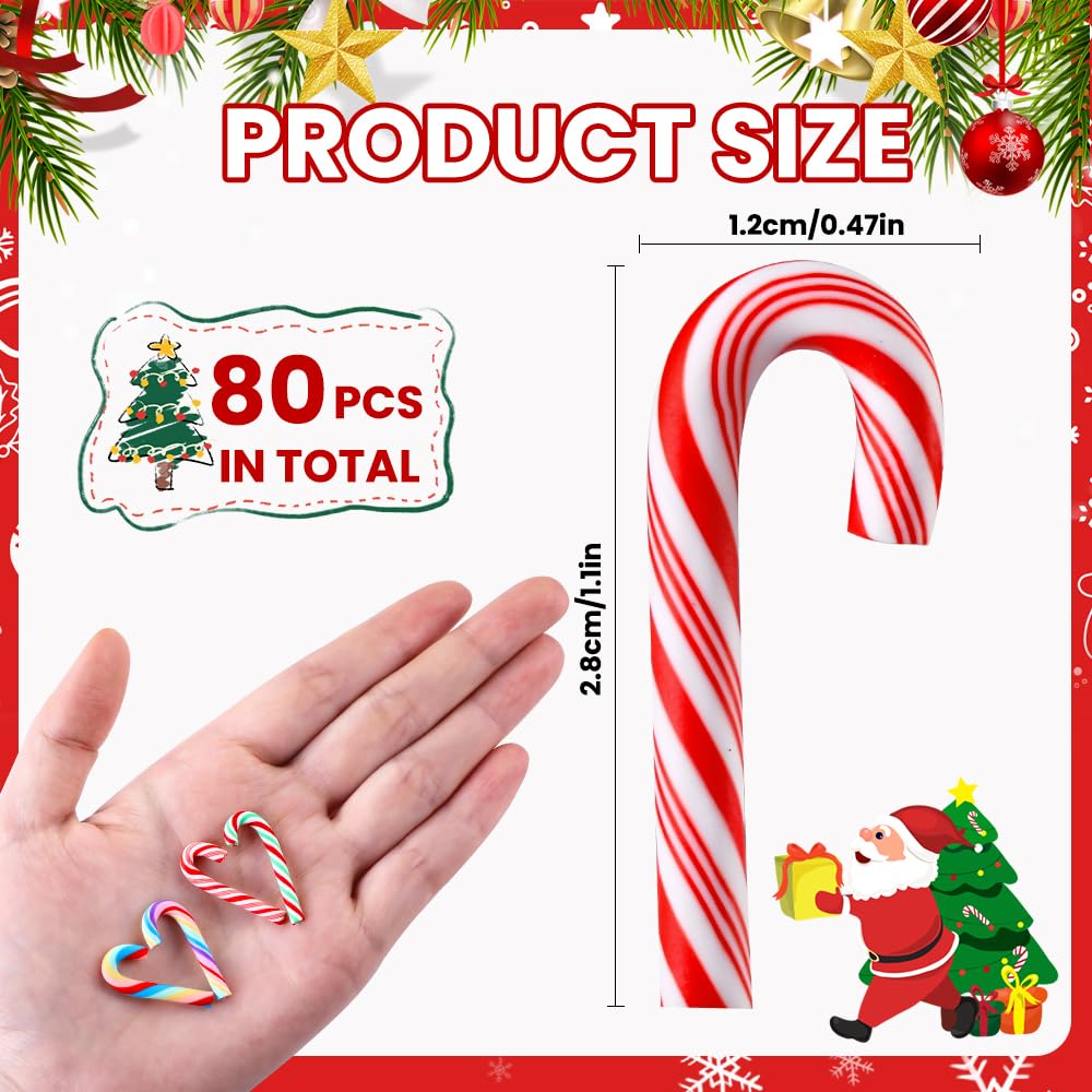 Celltestria 80Pcs Christmas Mini Candy Canes Faux Clay Candy Canes for Crafts Rainbow Candy Cane Miniatures Xmas Candy Stick Ornaments for Vase Filler Tree Hanging Christmas Party Decorations