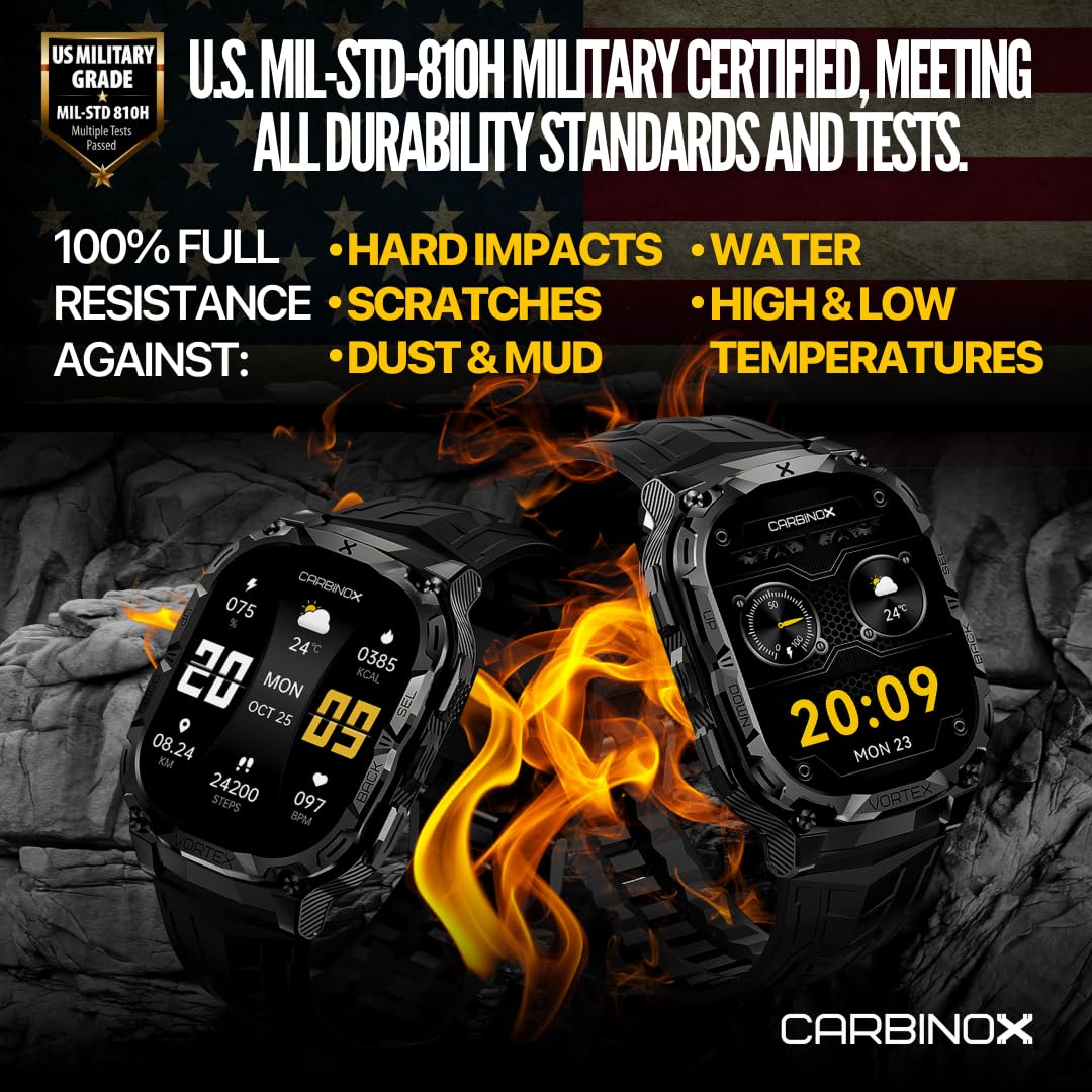 CARBINOX Vortex Smartwatch (Answer/Make Calls), Military-Grade Rugged Fitness Tracker, IP69K Waterproof, Sport Design for Active Lifestyles