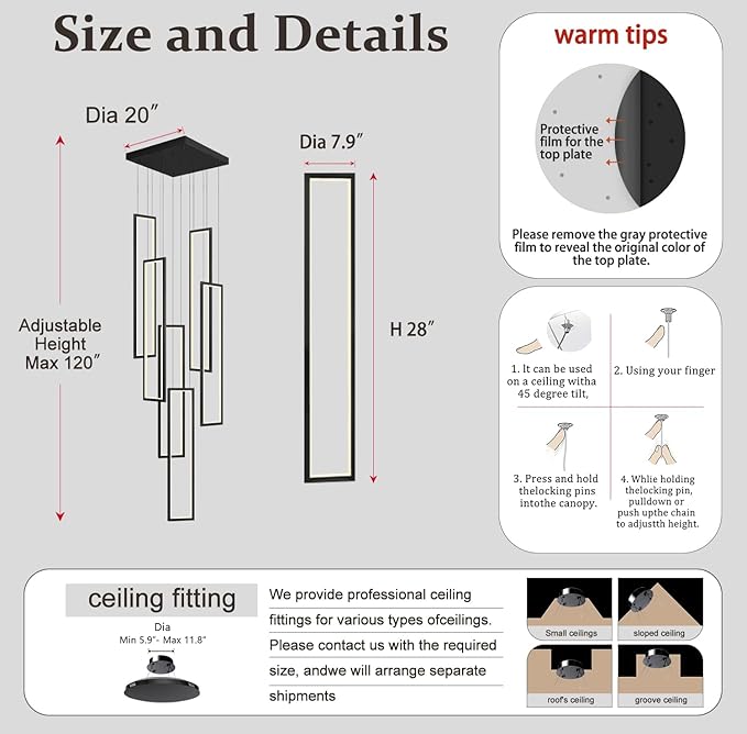 Flashing God Modern Chandelier,Black Chandelier with 6 Ring Led Foyer Chandeliers,Larger High Ceiling Chandelier for Living Room,Square Chandelier for Entryway Staircase LED Dimming 2700k-6000k