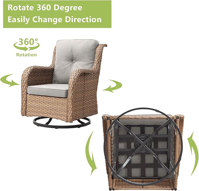 Rilyson Patio Furniture Swivel Chairs Set - 7 Piece Wicker Rattan Outdoor Sectional Conversation Sets with 4 Swivel Rocking Chairs,2 Ottomans and 1 Sofa for Porch Deck Garden(Yellow/Beige)