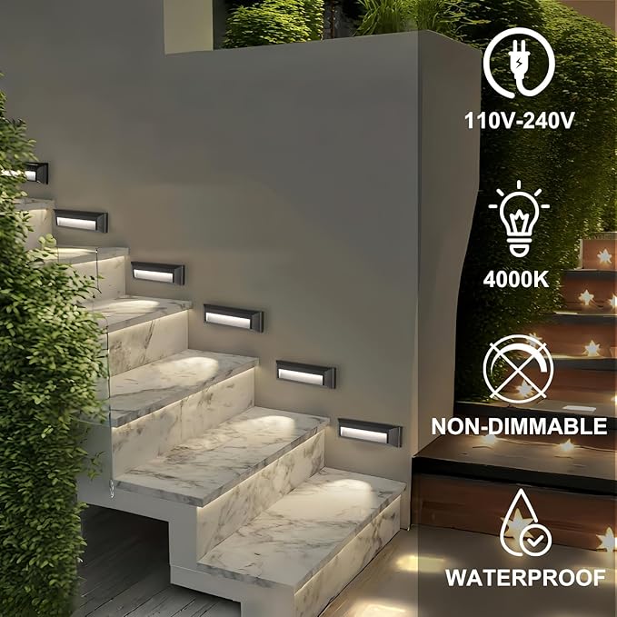 ZONK LED Step Lights 110-240V OutdoorIndoor Stair Lights, Waterproof IP65 2W 4000K Lighting for Stairs, Hallway, Pathway, Porch (Non-Dimmable, Easy Install), 3Pack