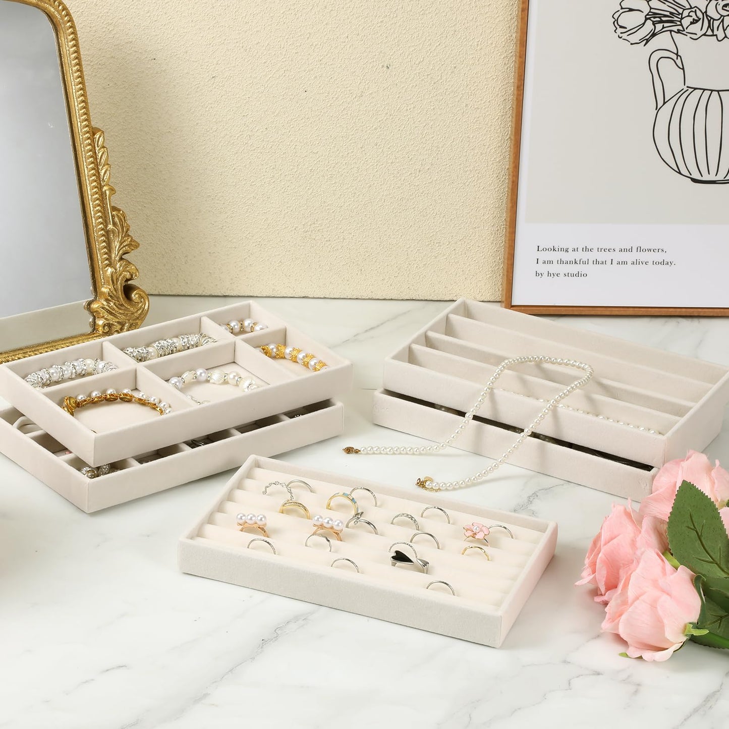 Exclaith 9 Set Velvet Jewelry Drawer Organizer Inserts, Stackable Jewelry Organizer Trays with Removable Dividers, Jewelrys Storage Display Tray, for Earring Ring Necklace Watch Bracelet, Beige