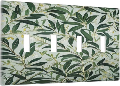 Sage Eucalyptus Leaves Foliage Light Switch Covers Quad Toggle 4 Gang Wall Plate Decorative Switchplate Electrical Faceplate for Farmhouse Bathroom Living Decor