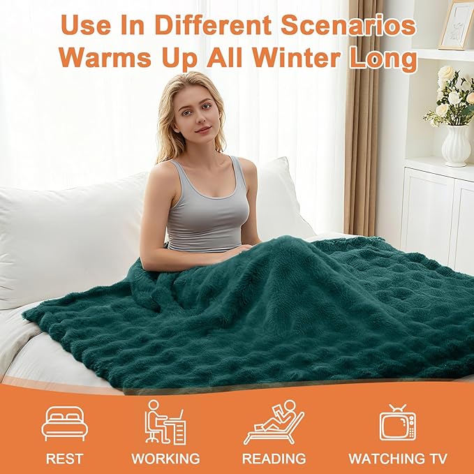 Heated Blanket Electric Throw Blanket 50''X 60''-Heating Blanket with 6 Heat Settings-4 Hours Auto Off,Cozy Faux Rabbit Fur Bubble Electric Blanket,Dark Green