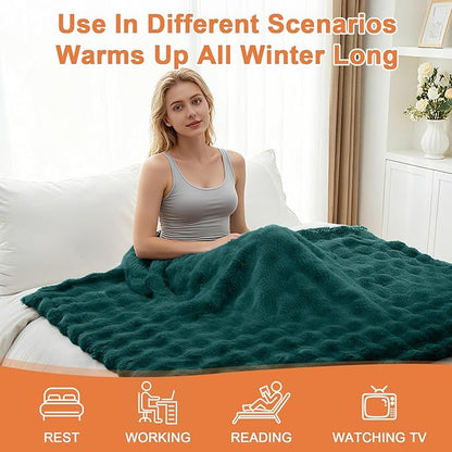 Heated Blanket Electric Throw Blanket 72''X 84''-Heating Blanket with 6 Heat Settings-10 Hours Auto Off,Cozy Faux Rabbit Fur Bubble Electric Blanket,Dark Green