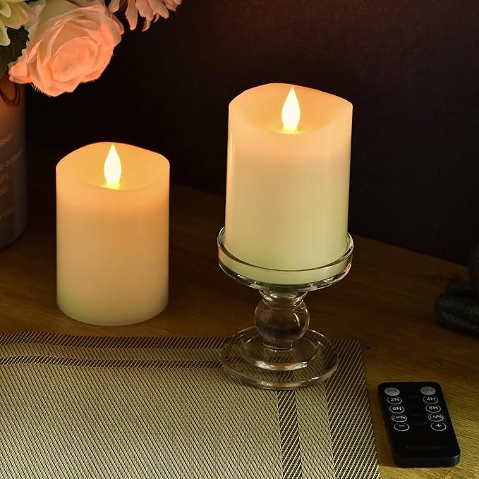 3"x4" Flickering Flameless Battery Candles with Timer, Ivory Realistic LED Pillar Candles, Set of 2 Large Remote-Operated Candles for Home Indoor/Outdoor & Holiday Decor