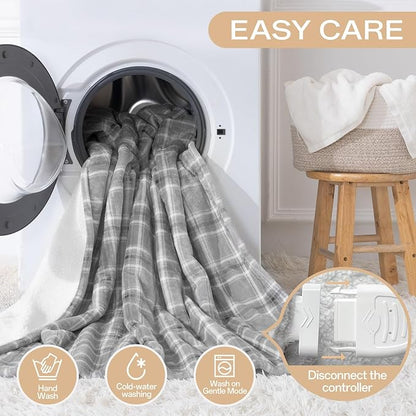 Heated Blanket Electric Twin, Heating Blanket with 8 Fast Heating Levels & 10 Hours Auto Shut-Off, Grey White Plaid Washable Warm Soft Flannel Blanket Gift for Couch Bed Office, ETL Certified