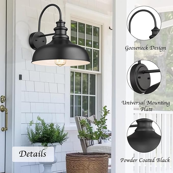 Bestshared Large Farmhouse Barn Lights 16 Inch Dome Outdoor Wall Lighting Fixture Industrial Wall Sconces Exterior Mount Lantern Light for Porch, Entryway, Garage(2Pack, Black+White)