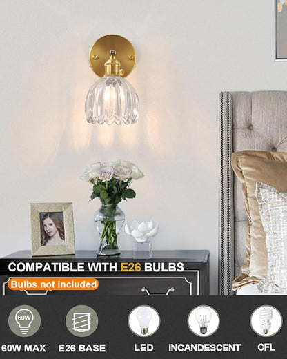 Plug in and Hardwired Wall Sconces, Luxury Vintage Tulip Crystal Glass Shade Wall Light with Switch for Bedside Bedroom Living Room (Tulip-Clear, 2)