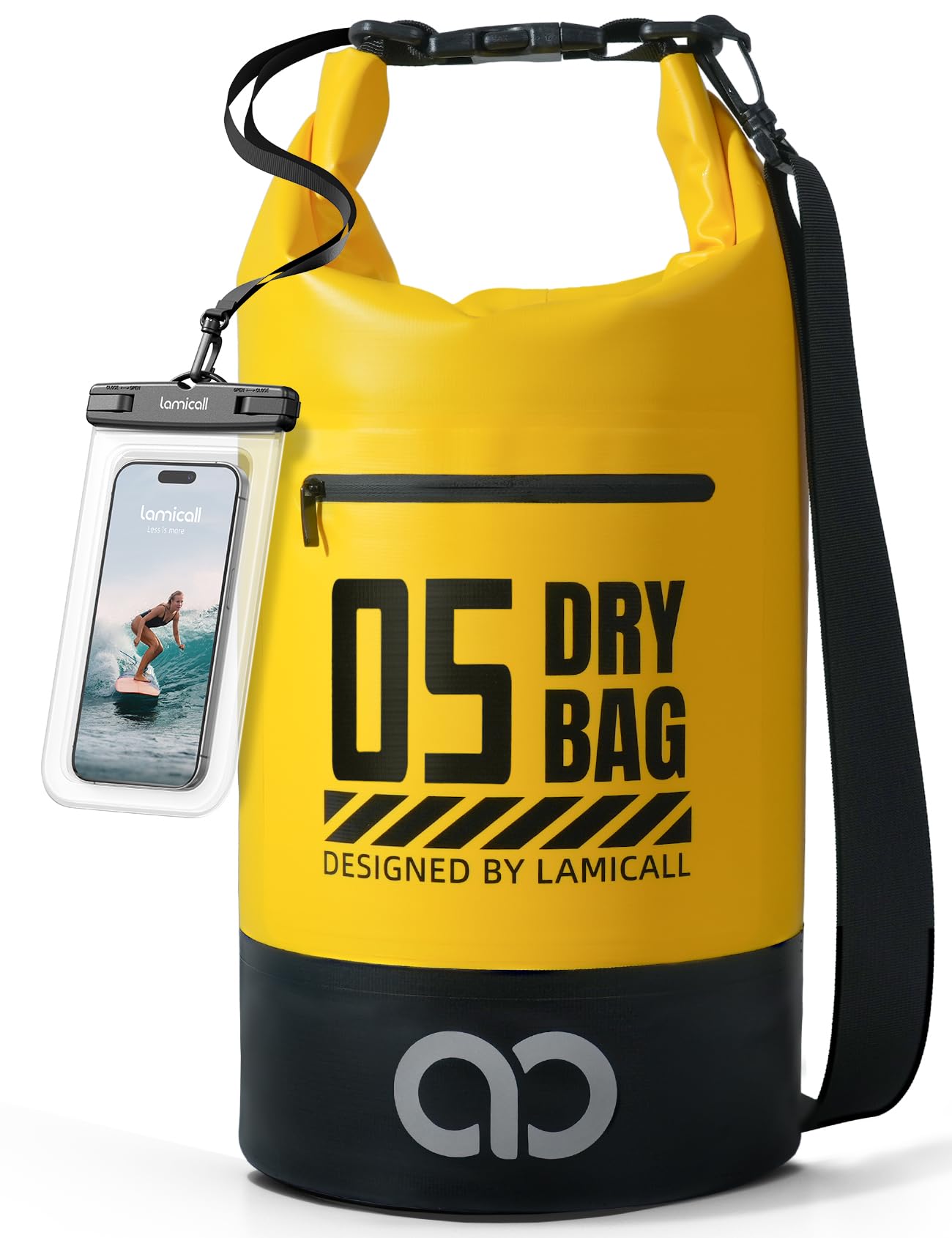 Lamicall Waterproof Dry Bag with Phone Pouch - 5L/10L/20L/30L/40L Floating Roll Top Backpack for Kayaking Boating Beach Camping Fishing - Heavy Duty 500D PVC Marine Dry Sack for Men,Women, Yellow 5L