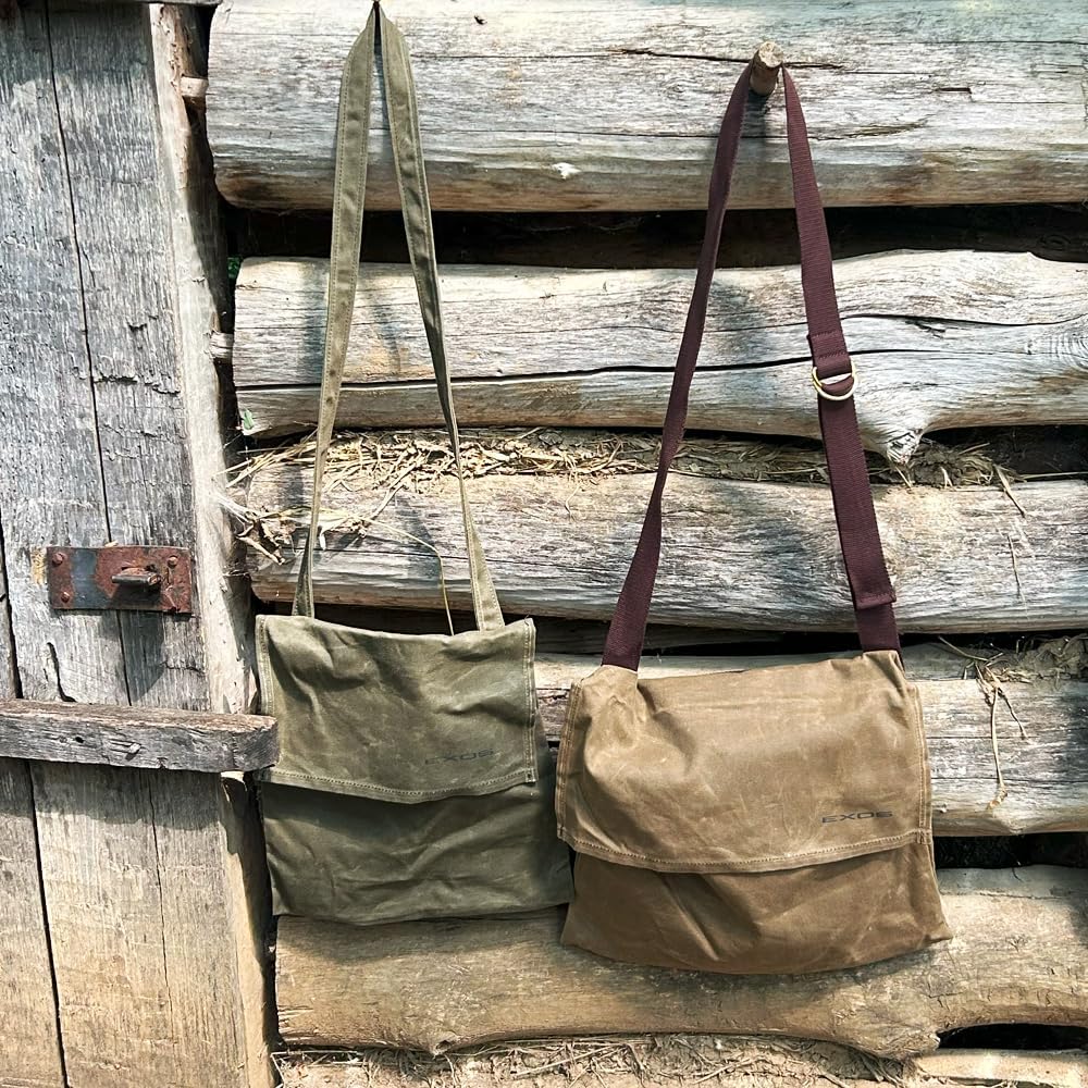Exos Waxed Canvas Haversack, Bushcraft Shoulder Bag, Canvas Messenger Bag, Water-Resistant and Durable Gardening and Foraging Satchel - 17"x15", Dark Khaki Large