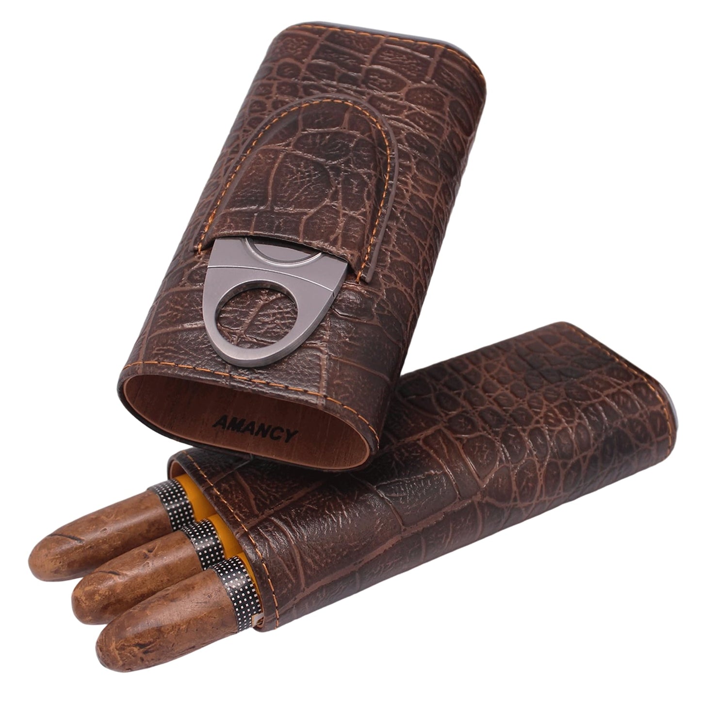 AMANCY 3-Finger Classy Black Brown Crocodile Pattern Leather Cigar Case With Small Humidifier and Cutter