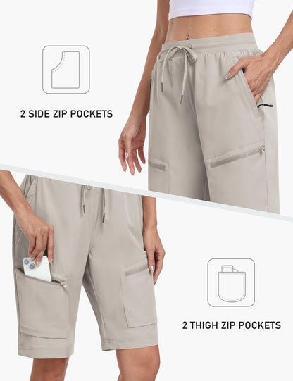 MoFiz Long Shorts for Women Knee Length Quick Dry Half Shorts Women Stretch Womens Long Hiking Shorts Knee Length with Pockets Light Khaki X-Large