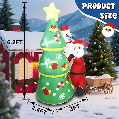 Dearsun 6.2FT Christmas Inflatable Tree with Santa Claus and Polar Bear, Blow up Christmas Inflatable Santa Build-in LED Lights Outdoor Decorations Large Party Yard Decoration