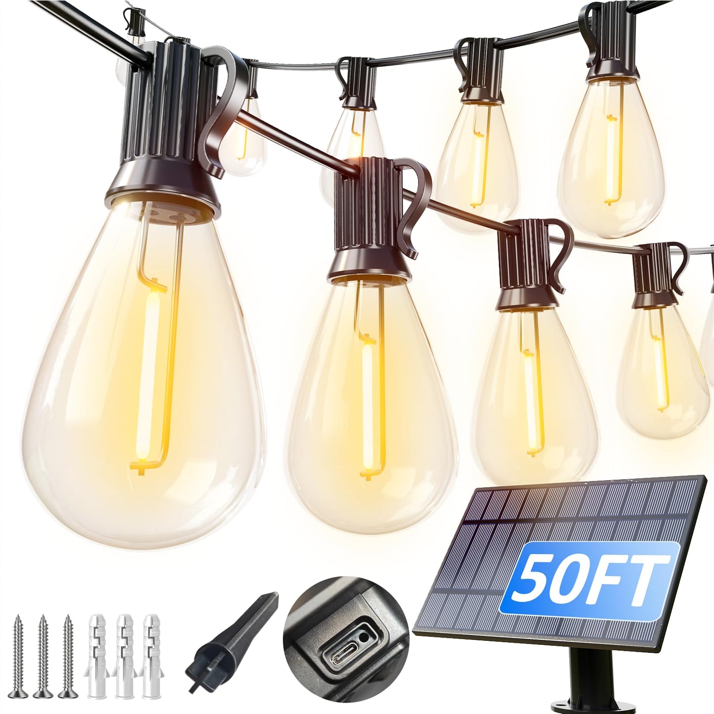luckystyle 50FT Solar String Lights Outdoor Waterproof with 18+1 LED Bulbs Long Last for 20+Hrs, Commercial Grade Shatterproof USB Patio Solar Powered Lights for Camping，Backyard, Garden, Porch Decor