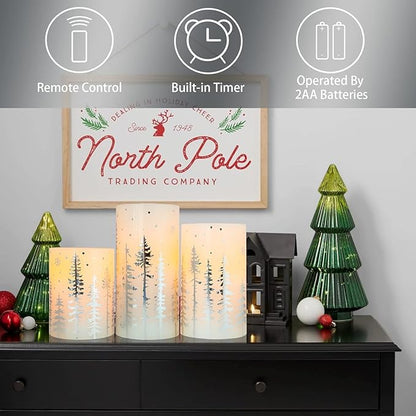 Christmas Flickering Flameless Pillar Candles with Remote Battery Operated Warm Light Silver Christmas Pine Tree Decal Real Wax Candle for Home Decoration Winter Party Gifts, Set of 3