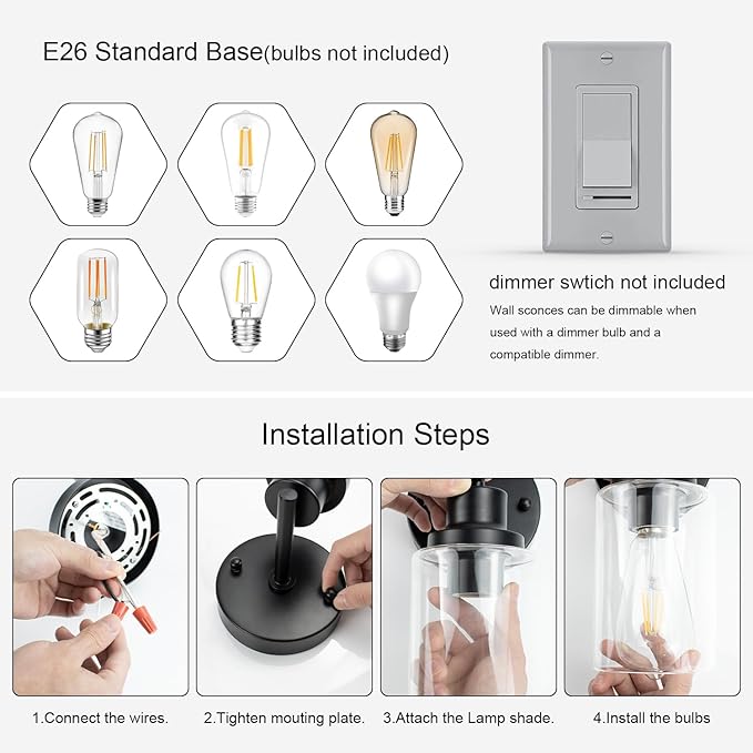 GORDNWE 1-Light Bathroom Wall Sconce, Matte Black Vanity Light, Modern Wall Light Fixture with Clear Glass Shade and E26 Bulb Base, Wall Lamp Wall Mount Light Fixtures for Mirror, Bedroom, Hallway