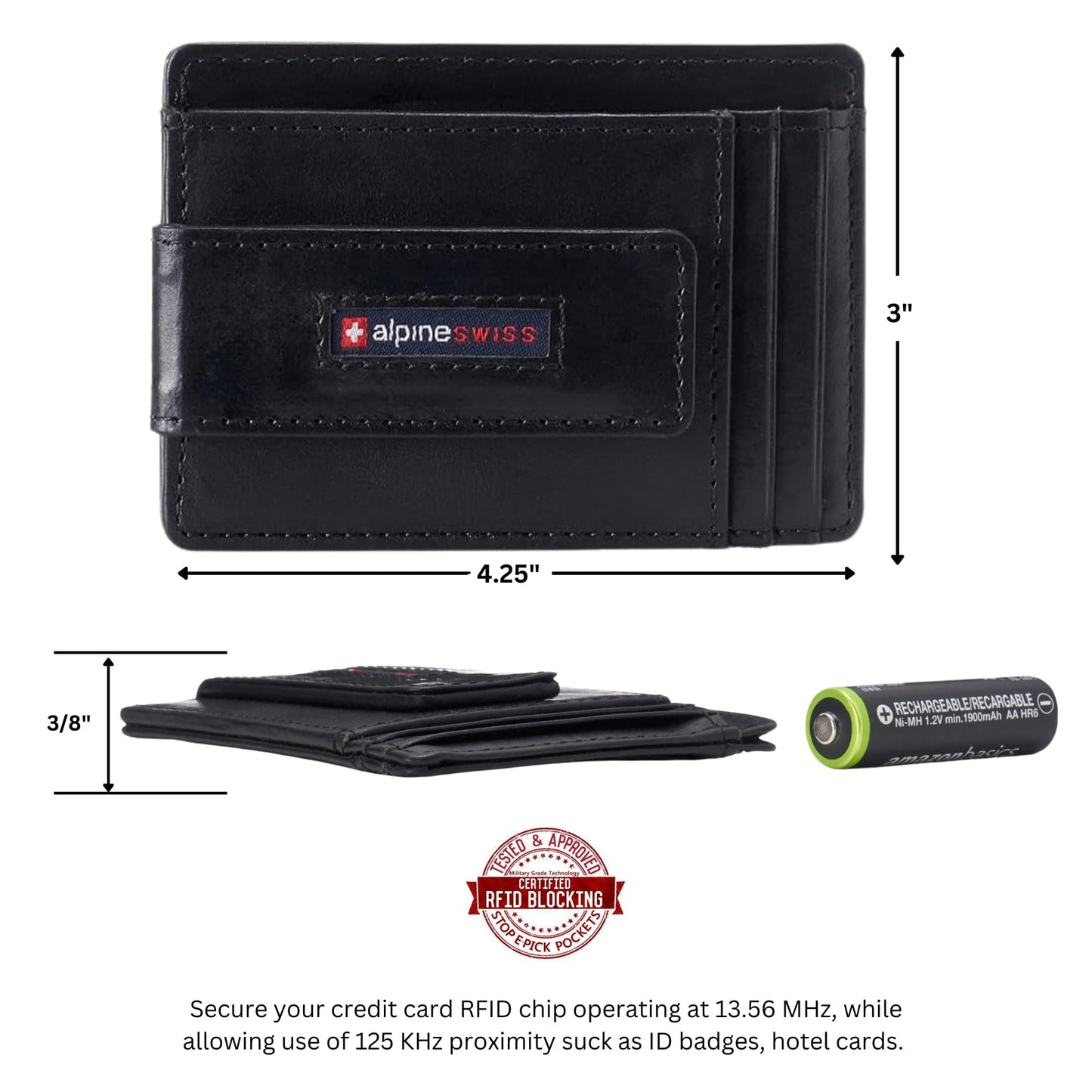 Alpine Swiss Harper Mens RFID Slim Front Pocket Wallet Magnetic Money Clip ID Card Holder Leather Glossy Nappa Black