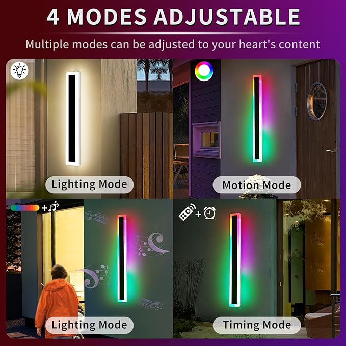 Mikeru 2pack 23.6inch Outdoor Wall Light Fixtures, RGB Modern Outdoor Wall Sconce 10%-100% Dimmable Smart Long LED Wall Light Wall Mount Featuring Multiple Modes and 12 Colors for Patio Entryway