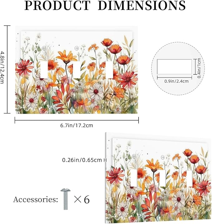 Watercolor Wild Flower Floral 3 Gang Light Switch Covers Triple Toggle Wall Plate Decorative Switchplate Electrical Faceplate for Nursery Bedroom Bathroom Decor