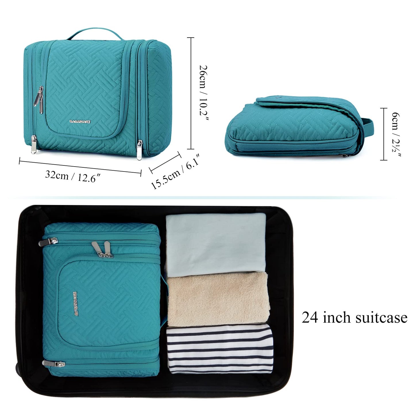 BAGSMART Large Travel Toiletry Bag for Women, Hanging Toiletry Bag with Hook, Travel Cosmetic Makeup Bag Travel Organizer for Accessories, Shampoo, Full Sized Container, Toiletries,Blue-Large