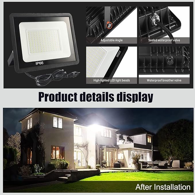 2Pack LED Flood Light Outdoor,150W LED Work Light 15500lmwith 6FT US Plug,IP66 Waterproof Exterior Security Lights,6000K Daylight White Outside Floodlights Slim Design for Playground Yard…