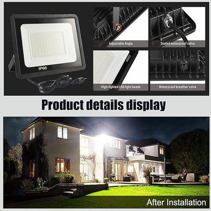 2Pack LED Flood Light Outdoor,250W LED Work Light 25500lmwith 6FT US Plug,IP66 Waterproof Exterior Security Lights,6000K Daylight White Outside Floodlights Slim Design for Playground Yard
