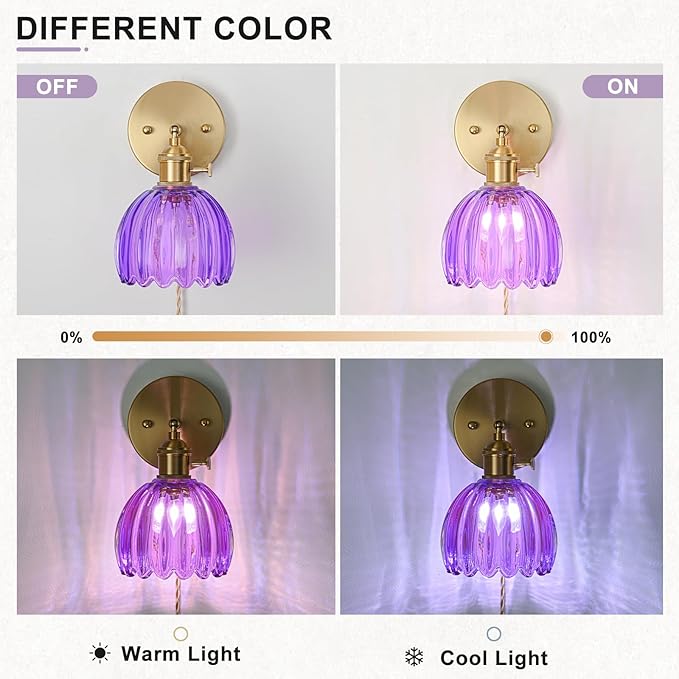 Plug in Wall Sconces Set of 2, Vintage Wall Sconce Light with Tulip Purple Glass Lampshade, 180° Adjustable Wall Sconce with Switch and Plug in wall lamp Cord, Gold Wall Light Wall Decor Set of 2