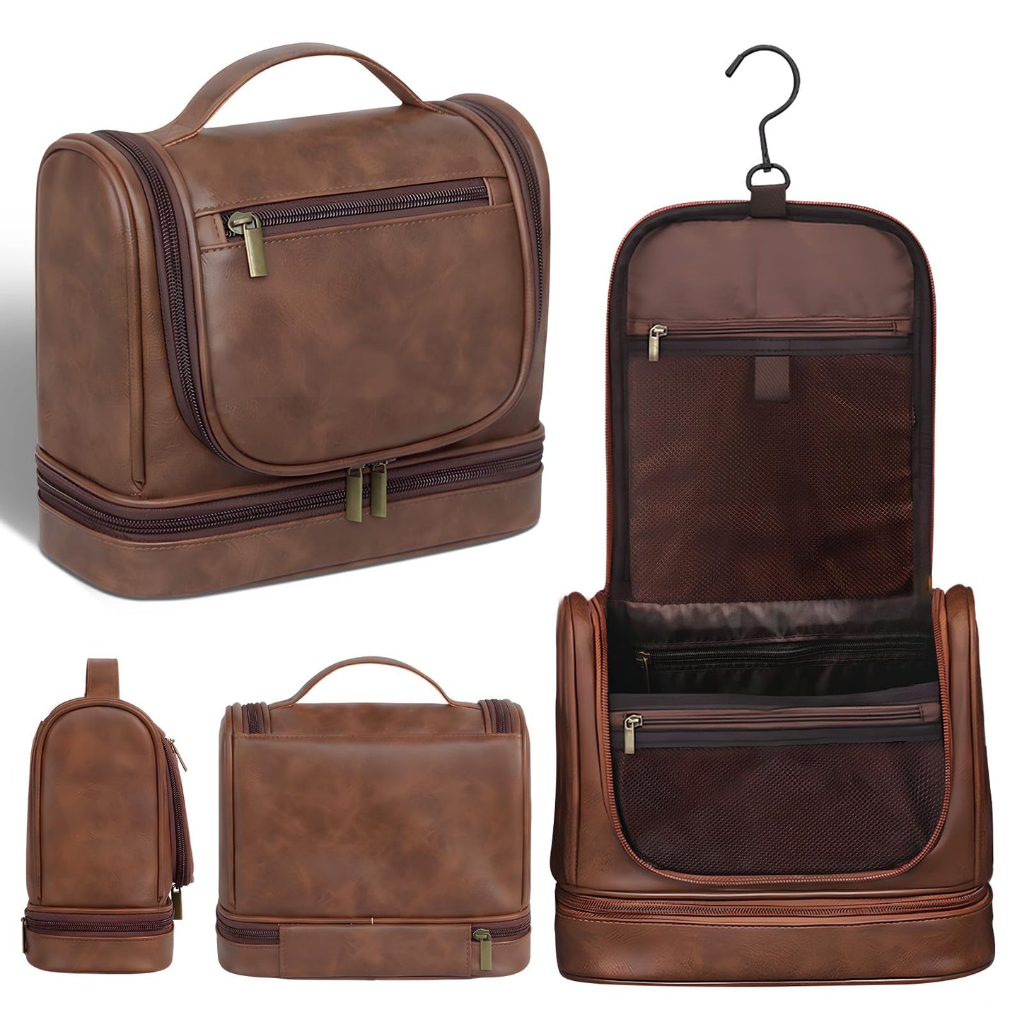 hanvate Travel Toiletry Bag For Men and Women, Leather Hanging Toiletry Organizer, Waterproof with Separate Compartments, Travel Kit for Gym Camping and Mens Gift (Dark Brown)