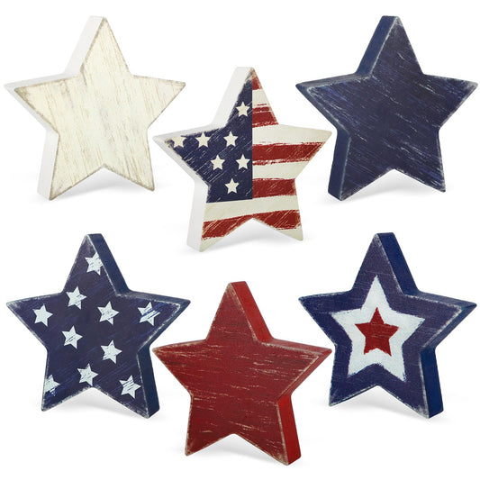 4th of July Decorations Wooden Star Set of 6, Red White and Blue Decorations, Retro Patriotic Memorial Day Tiered Tray Decor, Labor Day Independence Day Veterans Day Decor for Home Office Shelf