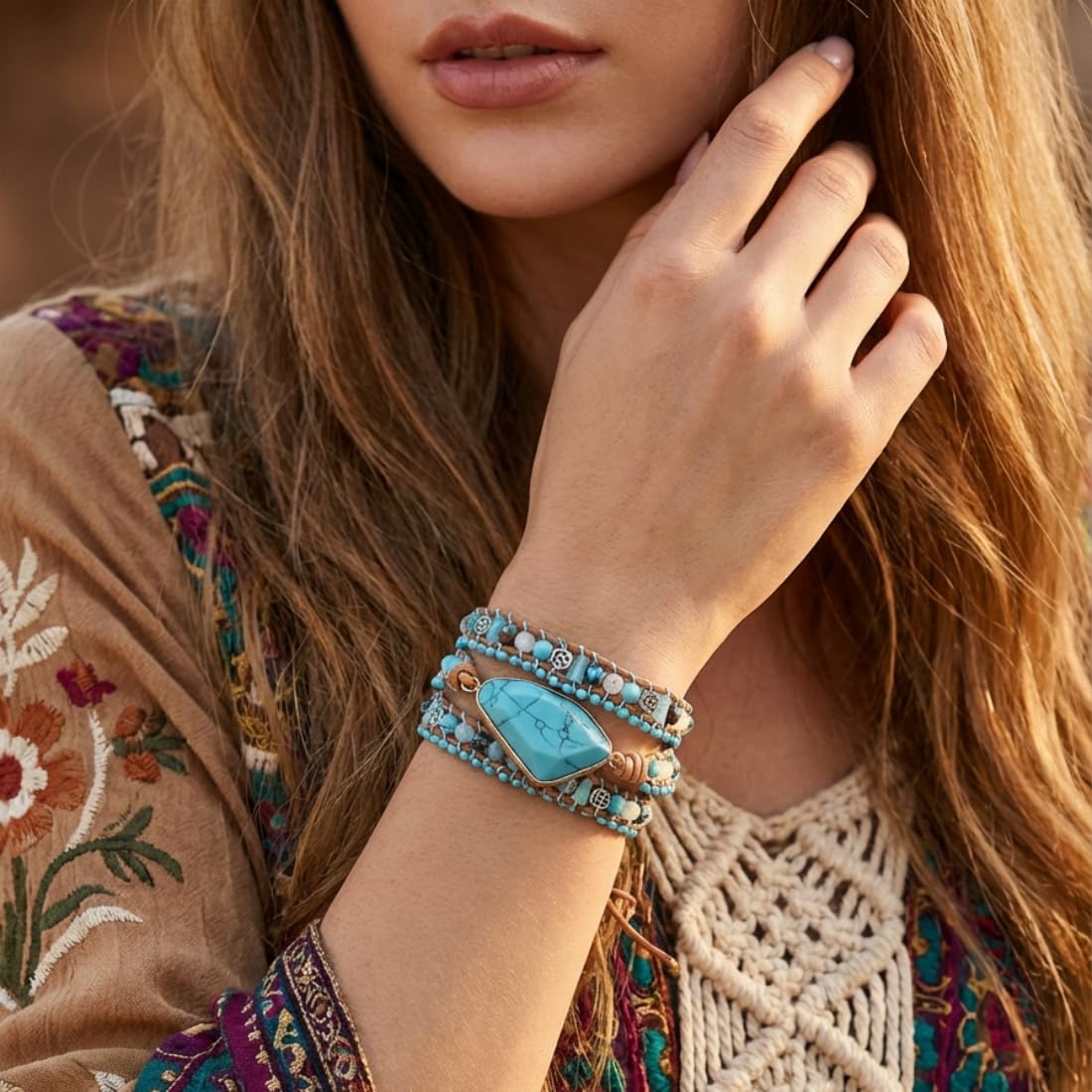 YGLINE Boho Handmade Wrap Leather Tube Crystal Stone Bracelet for Women (Turquoise-3 wrap)