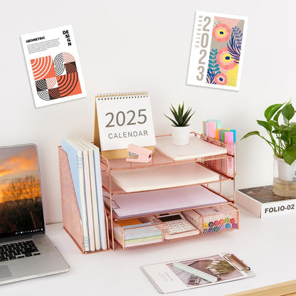 gianotter Desk Organizers and Accessories with File Holder, 4-Tier Desk Accessories & Workspace Organizers with Drawer and 2 Pen Holder, Paper Organizer for Office Supplies (Rose Gold)