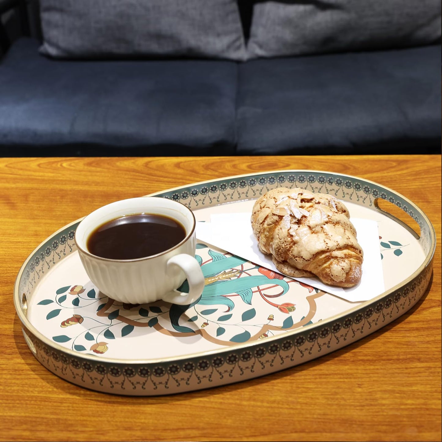 Omuriko Oval Plastic Serving Tray with Handles, Elegant Decorative Tray for Coffee Table, Ottoman, Living Room, Kitchen, Outdoor Use. 10"*16"*1.4" A