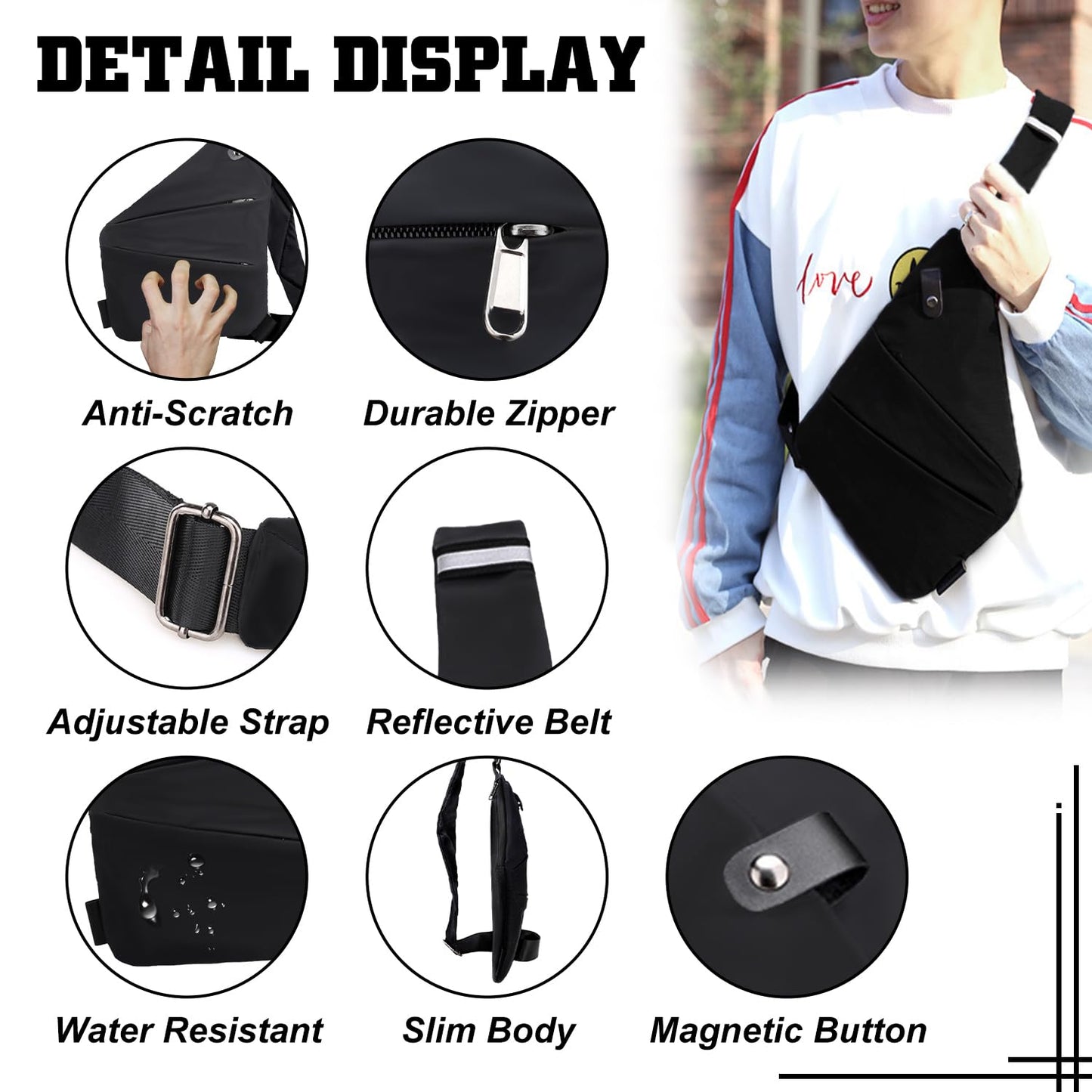 GDOKKNY Anti Theft Crossbody Bag for Women Personal Flex Travel Bag Anti-Theft Cross Body Bag Sling Chest Bag for Men （Black）