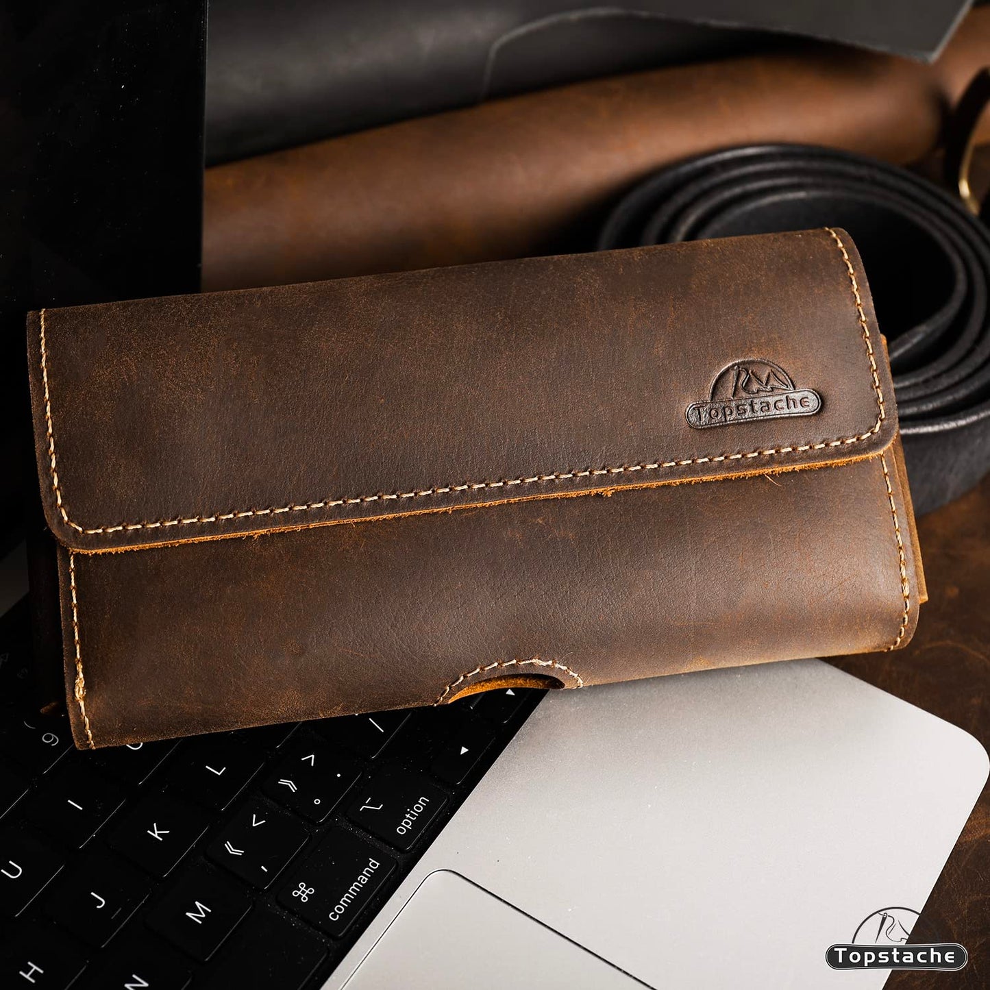 Topstache Belt Clip Leather Phone Holster,Two Pockets Cell Phone Pouch, Leather Card Holder,Wallet for Cash and Phone, Phone Pouch for iPhone 14 Pro,iPhone 14,S22 with Magnetic Closure,L,Darkbrown
