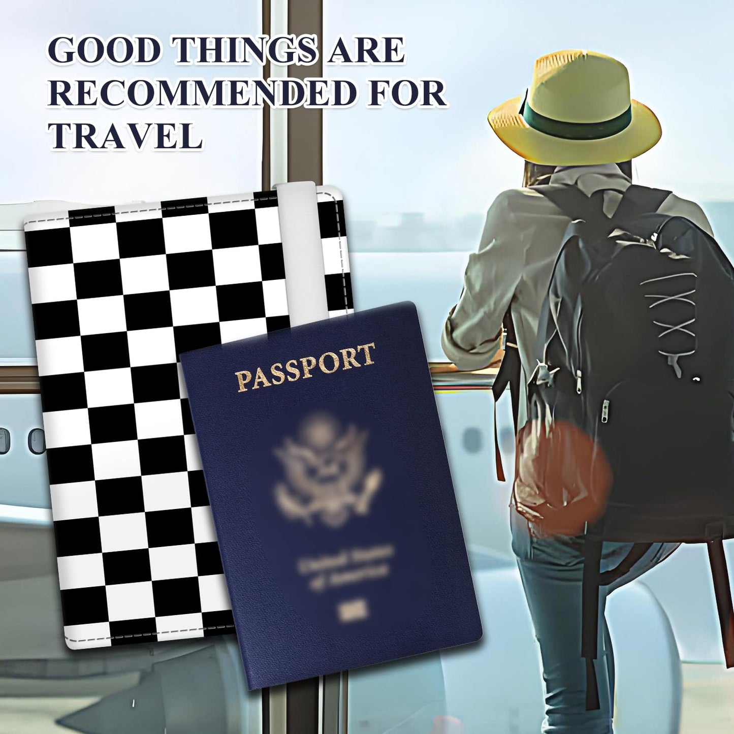 ATJFKIXL Passport Holder for Travel Essentials, RFID Premium Leather Passport Wallet Cover Case for Travel Must Haves Accessories, Passport Book Holders for Women Men Black White Checkered