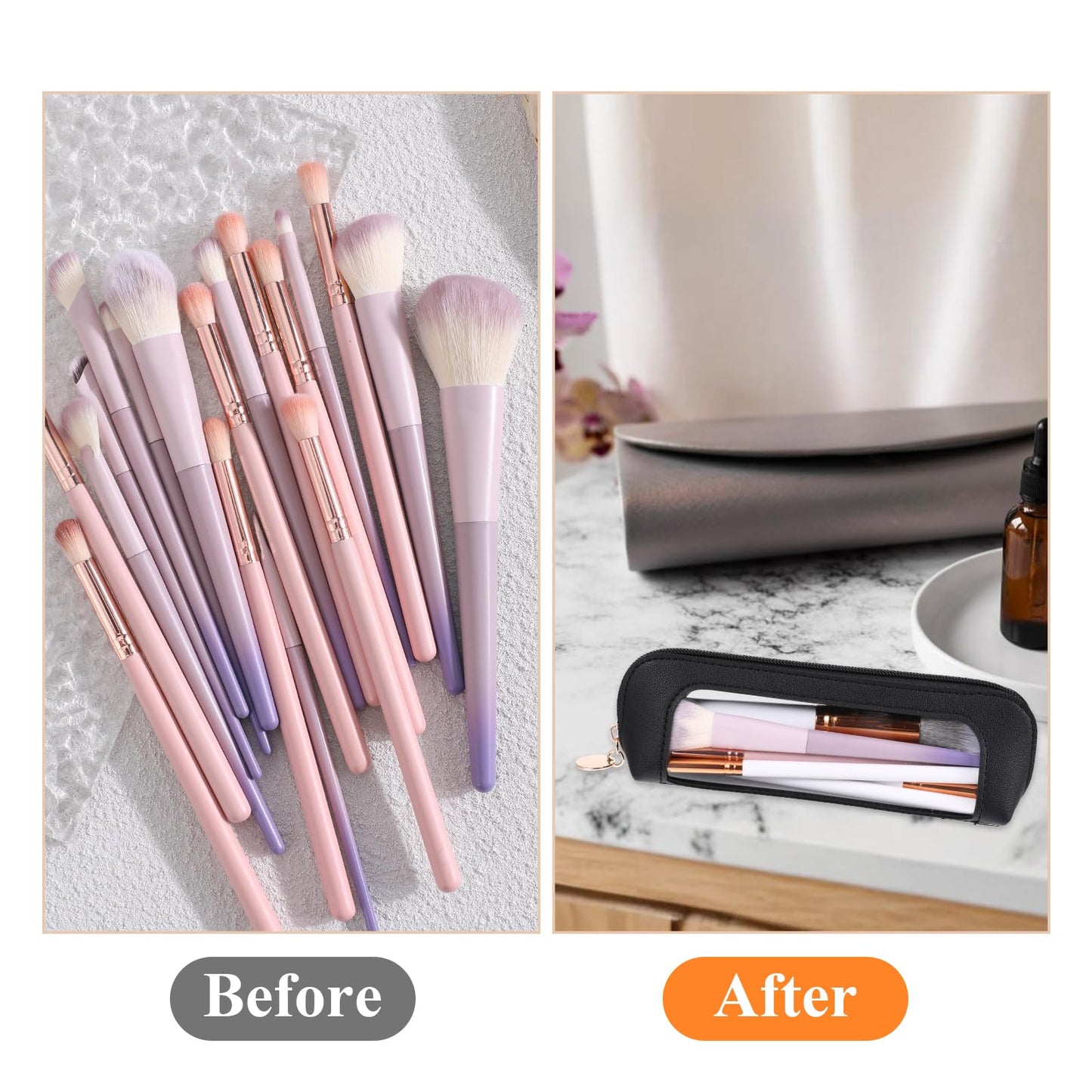 Psyqtsuary Clear Makeup Bag, PU Leather Mini Makeup Pouch Portable Makeup Brush Case Transparent Waterproof Cosmetic Organizer Pouch with Zipper for Women Home Travel Office Makeup Storage (Black)