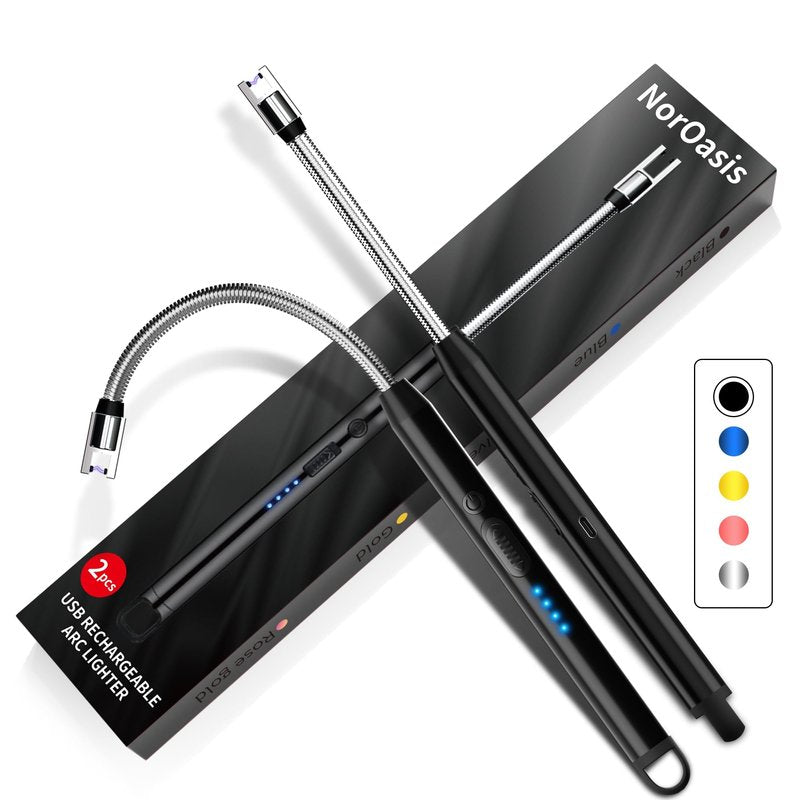 NorOasis 2-Pack Rechargeable Electric Candle Lighters, Flameless Windproof Long Lighter with 360° Flexible Neck and LED Display for Candles, Camping, BBQ & Fireplace (Black)