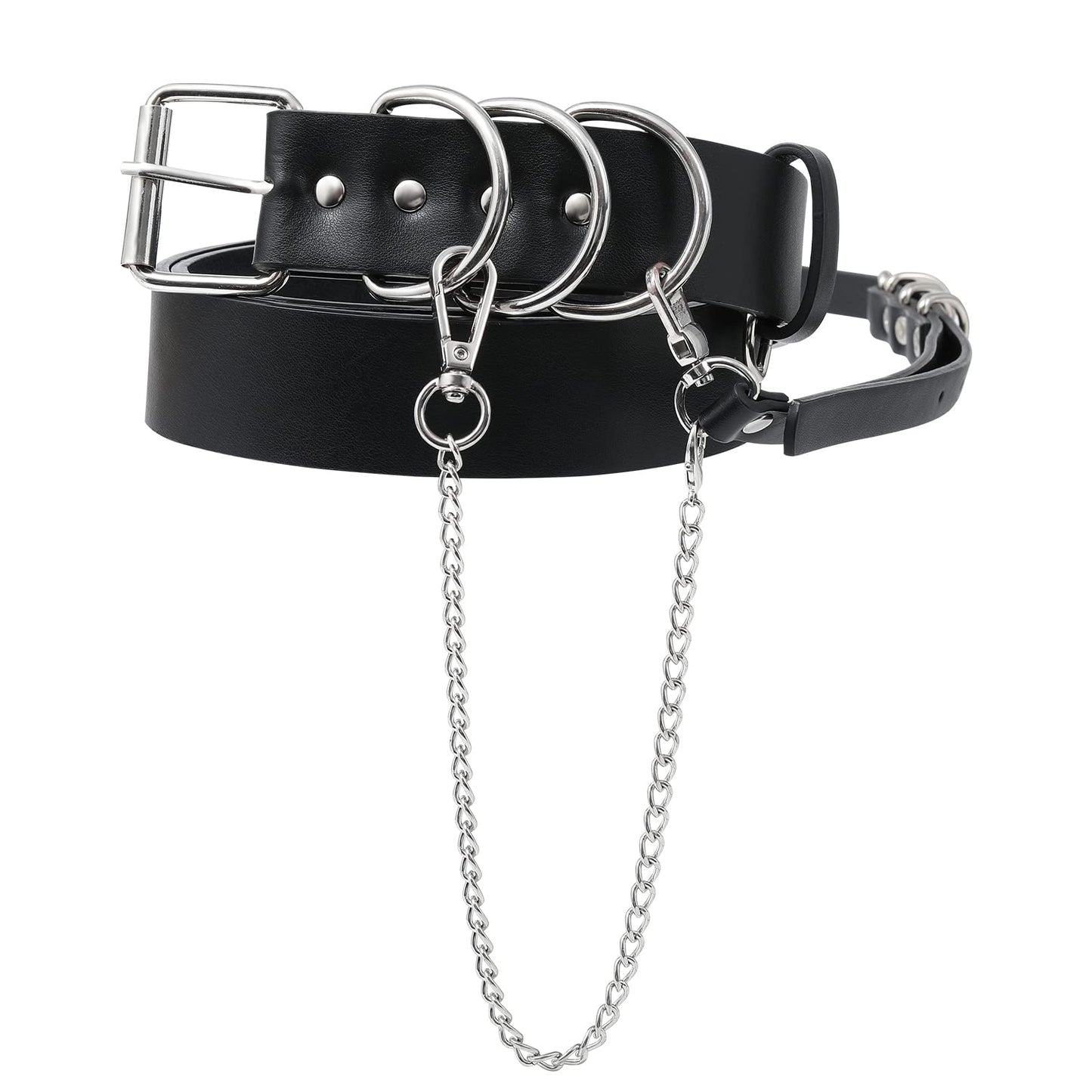 AWAYTR Women Leather Punk Waist Belt - Black PU Leather Adjustable Ladies Belts with Gold and Silver Buckle (Silver Buckle)