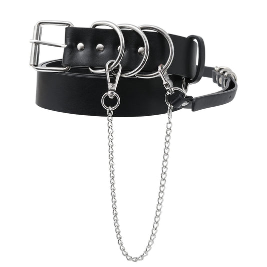 AWAYTR Women Leather Punk Waist Belt - Black PU Leather Adjustable Ladies Belts with Gold and Silver Buckle (Silver Buckle)