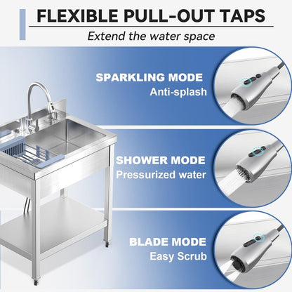PurezmMoto 28" Commercial Stainless Steel Utility Sink, Single Bowl Freestanding Kitchen Sink with Hot & Cold Water Faucet, Drain Kit & Hoses for Restaurant, Laundry Room, Garage