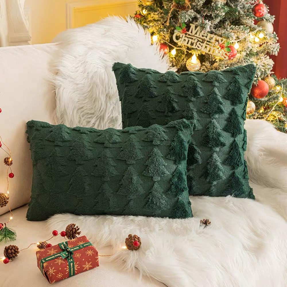 TBAVNOSY Christmas Tree Pillow Covers Set of 2 18x18 inches, 3D Xmas Tree Shaped Faux Fur Throw Pillow Covers for Couch, Sofa, Living Room Winter Holiday Decor, Farmhouse (Dark Green)