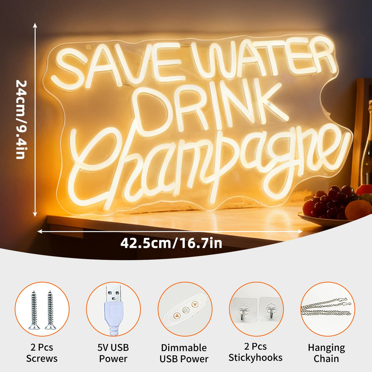 Save Water Drink Champagne Neon Sign, Champagne Theme Light Up Sign, Bar Party Restaurant Living Room Wall Table Decor, USB Powered Dimmable Led Decorative Neon Light 16.7 x 9.4 In