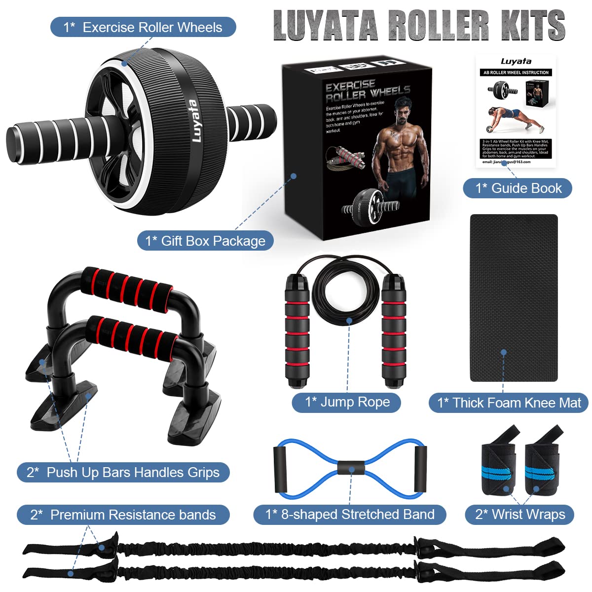Ab Roller Wheel, 10-In-1 Ab Exercise Wheels Kit with Resistance Bands, Knee Mat, Jump Rope, Push-Up Bar - Home Gym Equipment for Men Women Core Strength & Abdominal Exercise (Black)