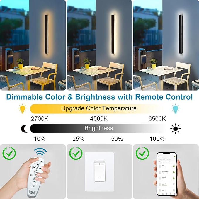 Modern Outdoor Wall Light, 2700k-6500k Dimmable Outdoor Wall Sconce 24inch Black Exterior Lights Wall Mount with Remote Control, IP65 Waterproof Anti-Rust Linear Long Porch Lights Outside