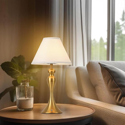 Cordless Bedside Lamp for Living Room, Table Lamp for Bedroom, 3-Way Dimmable Nightstand Lamp with Fabric Shade, Rechargeable Touch Led Desk Lamp Battery Operated Lamp for Dorm, Home Office (Brass)