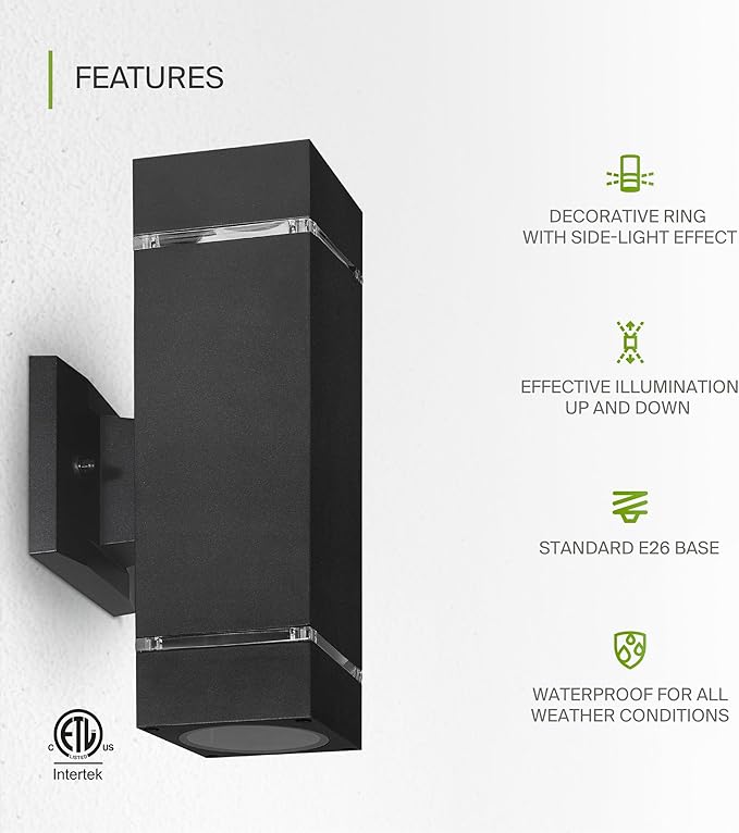 ASD 2 Light Square Outdoor Wall Light Fixture | 120W E26 Bulb Socket 120V ETL Cylinder Up Down Lights | LED/CFL/Incandescent Bulb Exterior Wall Sconce | Front Door, Porch Patio | Ringed Black, 2 Pack